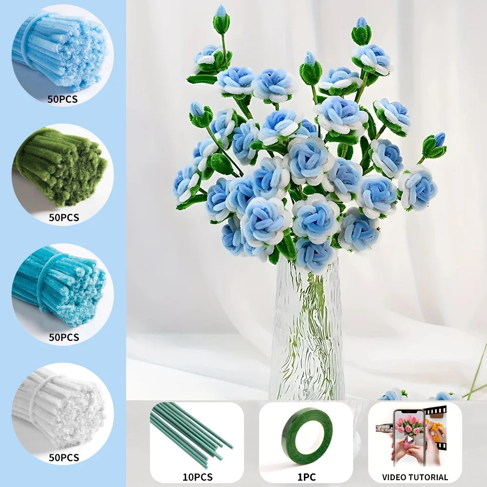 211 Multi-head Rose Pipe Cleaner Set, containing 200 pipe cleaners, 10 flower stems, 1 roll of tape, upgraded DIY crafts set view 5