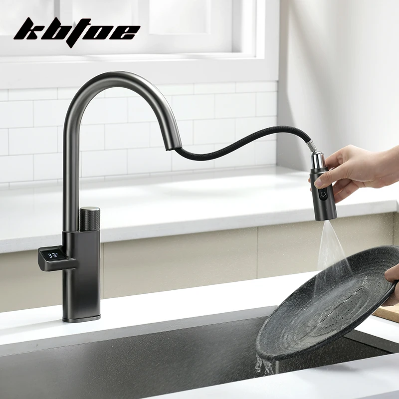 Gun Grey Luxury Pull Out Kitchen Washing Faucet LED Digital Display Hot and Cold Water Sink Mixer Tap Deck Mounted Brass Crane