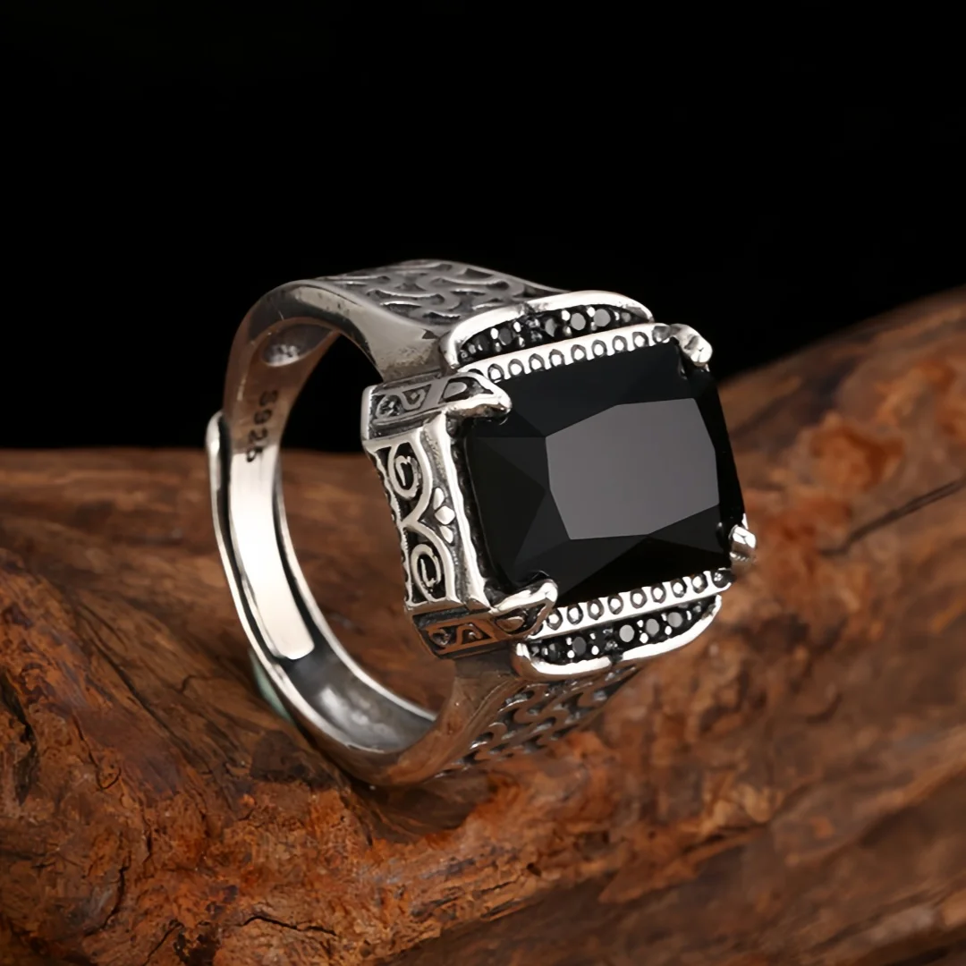 New S925 Sterling Silver Charms Rings for Men Antique Eternal Rattan Pattern Black Agate Adjustable Ring Fine Choice Jewelry