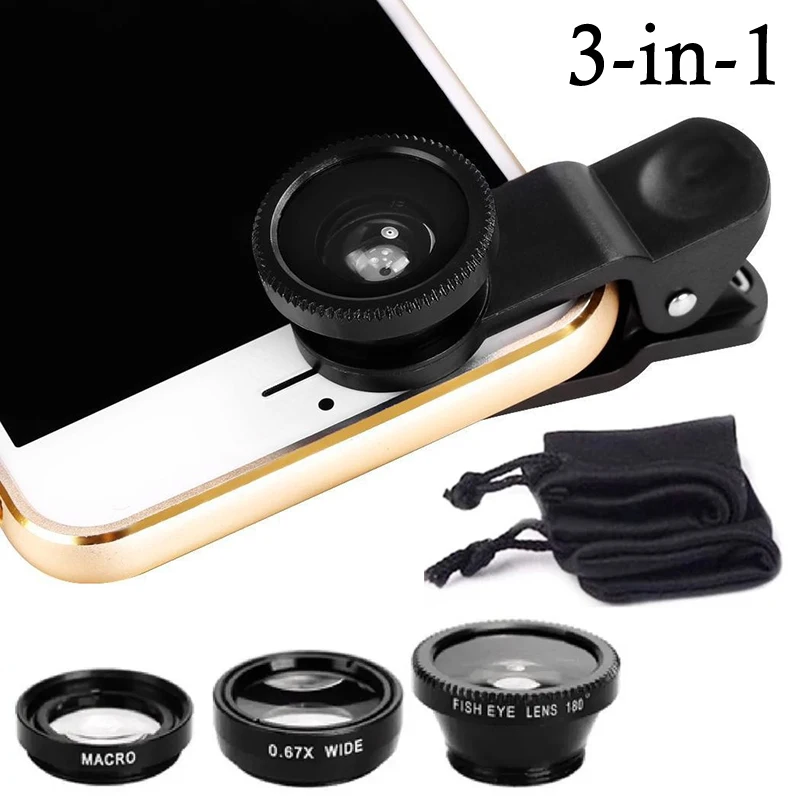 Kit de lentes de teléfono ojo de pez Macro gran angular 3 en 1, lentes Macro de ojo de pez con Zoom gran angular 0,67X y Clip de fijación para iPhone y Samsung
