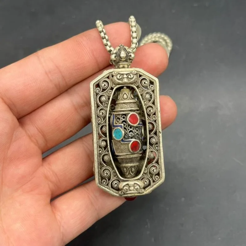 Antique Style Copper Lock Charm, Tibetan Nine-Eye Dzi with Eight Auspicious Symbols, Retro Collectible Craft Pendant Unisex