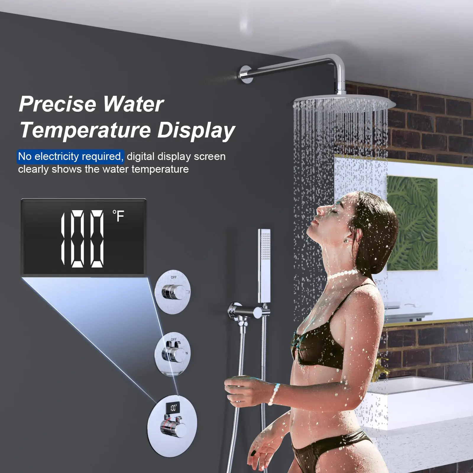 Chrome Shower Mixer Valve With Digital Temperature Display, 2 Way Flow Control Diverter Mixing Valve