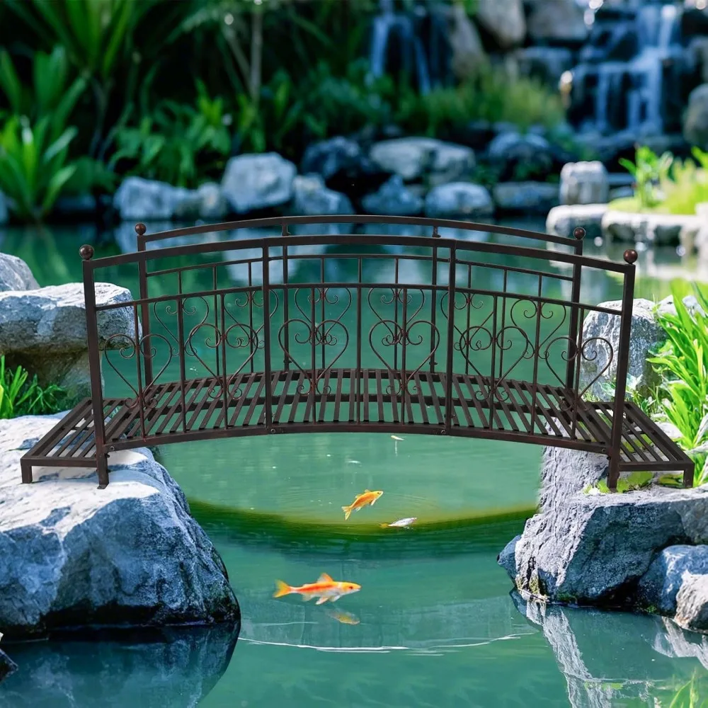 

MOTION 8 FT Metal Garden Bridge, Outdoor Bridge with Steps and Heart-Shaped High Safety Guardrails, Garden Bridges for Outdoors,