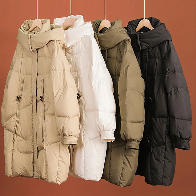 Schinteon Women Down Jacket Casual Korean Style Autumn Winter Thick Warm Outwear with Hood White Duck Down Long Coat 2024 New - Image 4