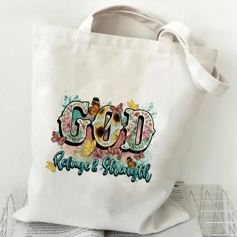"God Is Good"print Canvas Tote Bag Christianity Religious Belief Women Fashion Shopping Bag Vintage Floral Shoulder Handbags