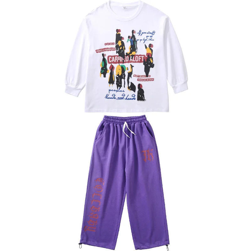 キッズK-POPヒップホップ服、白プリントスウェットシャツトップ、紫カジュアルスウェットパンツ、女の子男の子ストリートダンスウェアコスチューム服