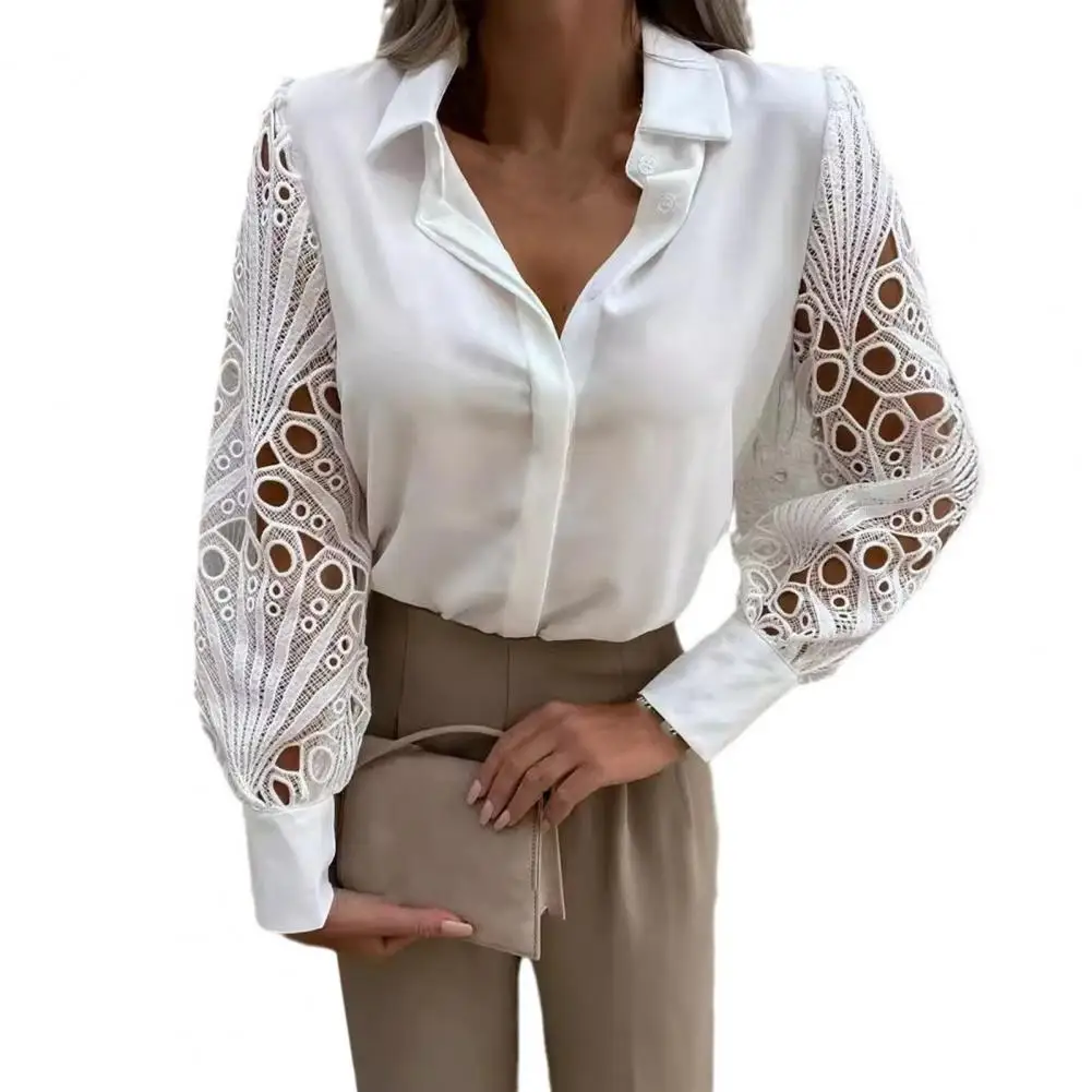 Lapel Collar Lace Shirt Elegant Lace Splicing Women's Shirt with Lapel Collar Long Sleeves Stylish Hollow Lace Patchwork for A