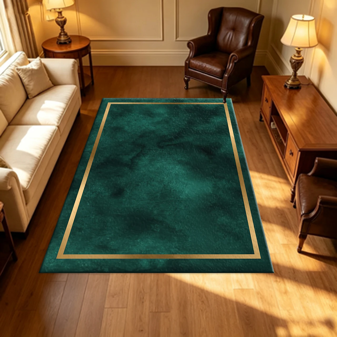 Luxury Dark Green Marble Texture Carpet Flooring with Gold Border Decorative Area Rug for Indoor Home Decoration