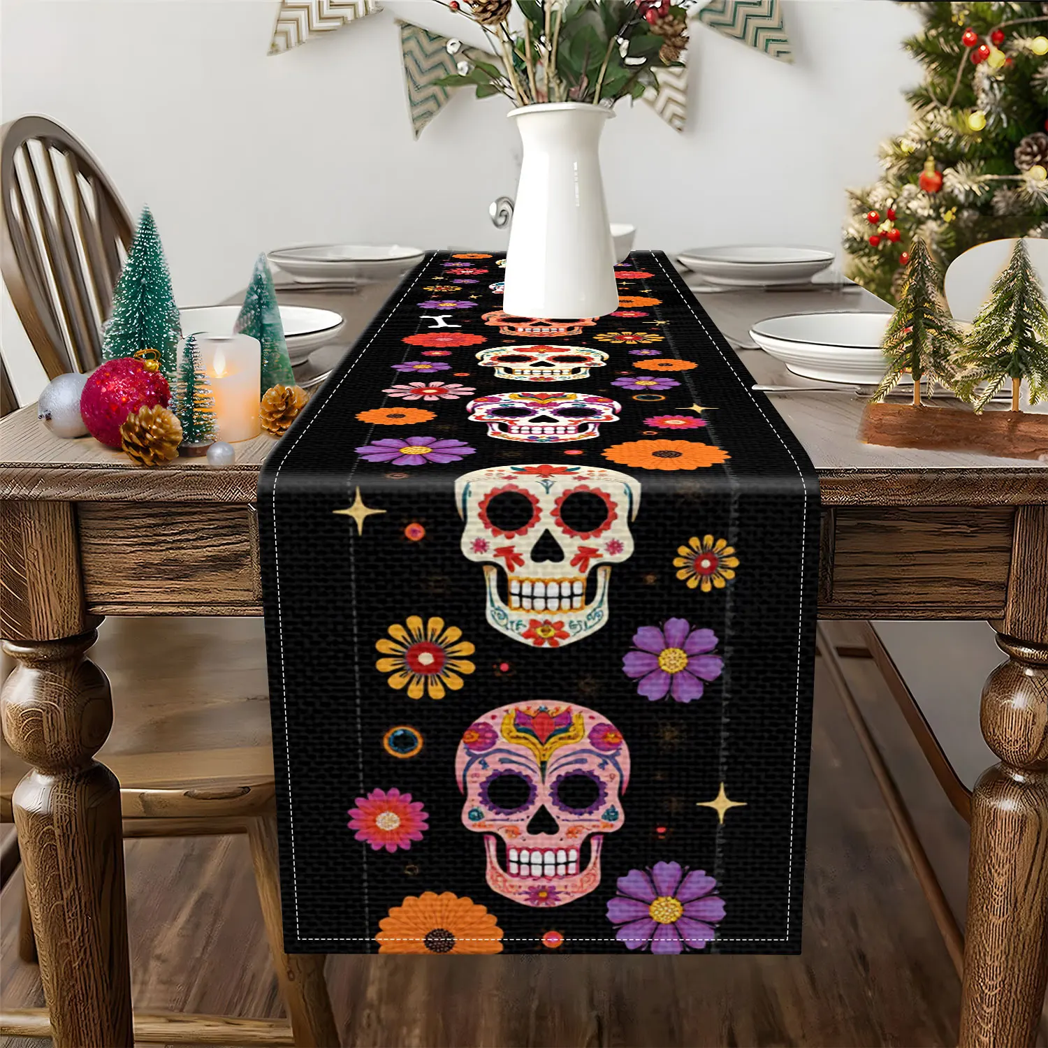 1 Piece Day of the Dead Themed Table Runner, Decorated with Painted Skulls and Floral Patterns, Suitable for Day of the Dead Parties and Exotic Decorations