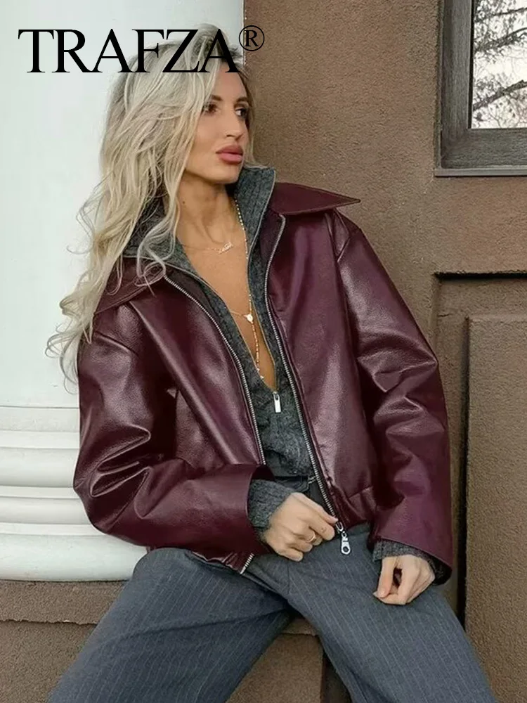 TRAFZA Women Fashion Burgundy Faux Leather Jackets Casual Lapel Long Sleeves Coat Zipper Autumn Female High Street Outerwear