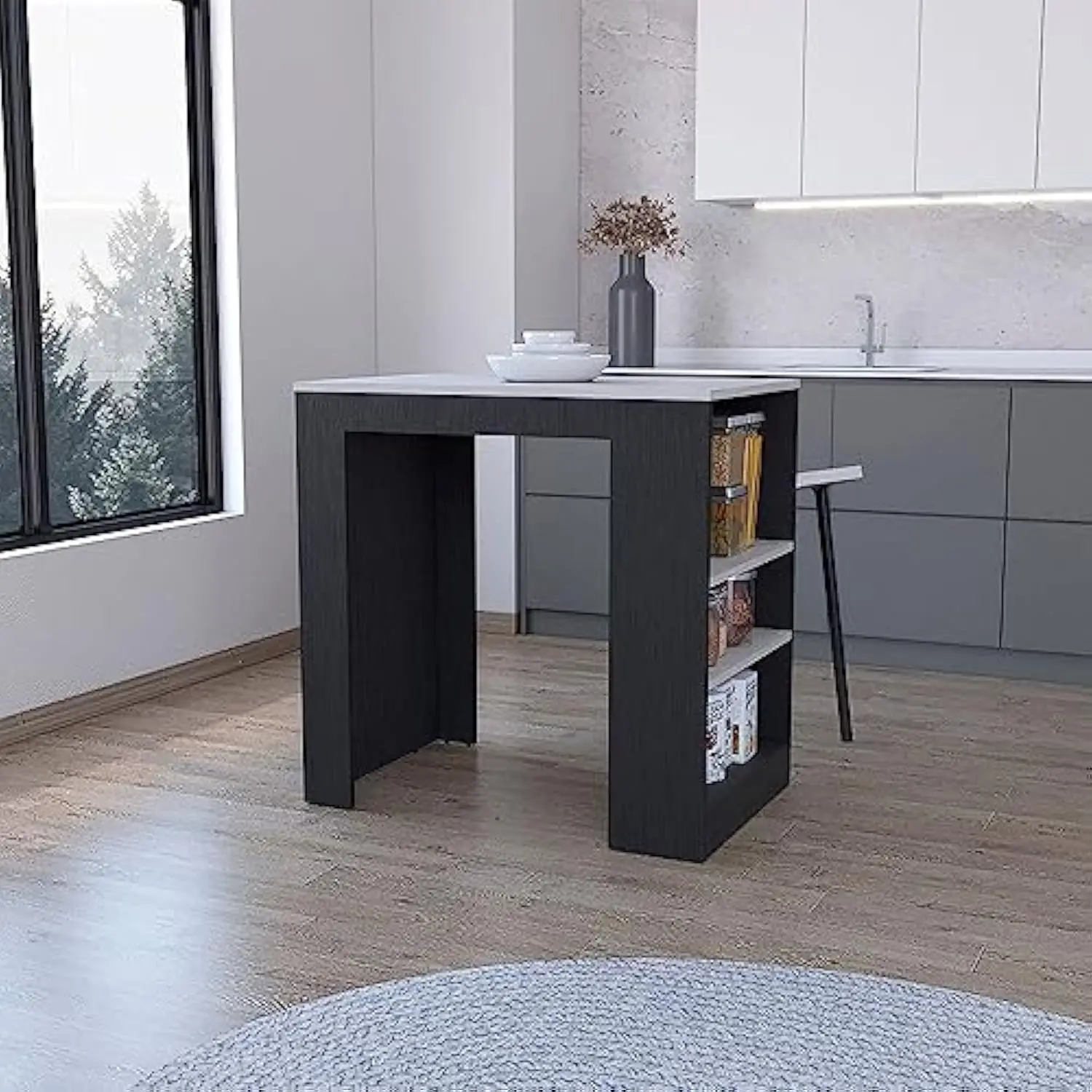 

Harlan Kitchen Island with 3 Side Shelves, Black/Ibiza Marble