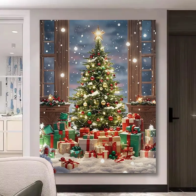 VIKAMA Christmas Tree Snow Window Wall Tapestry Star Ornament Gift Box Present Snowy Night Cozy Holiday Festive Decor Vibrant