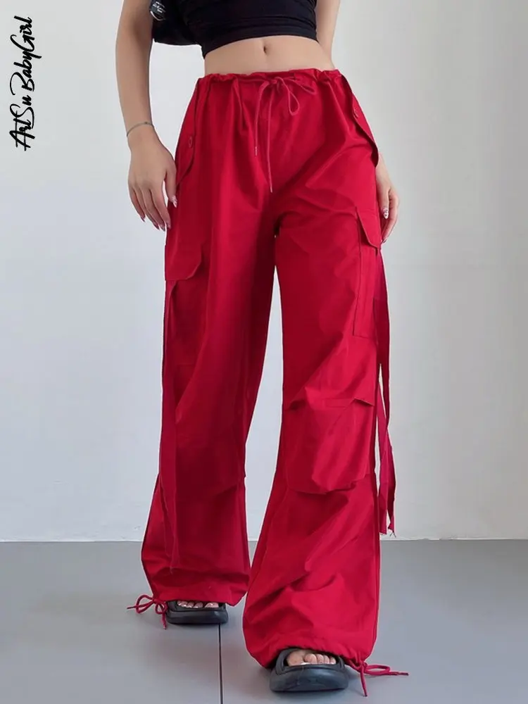 

Ribbon Wide Leg Trousers Women Cargo Pants Baggy Vintage Y2k Streetwear Solid Pockets Lace Up Joggers High Waist Pants for Women