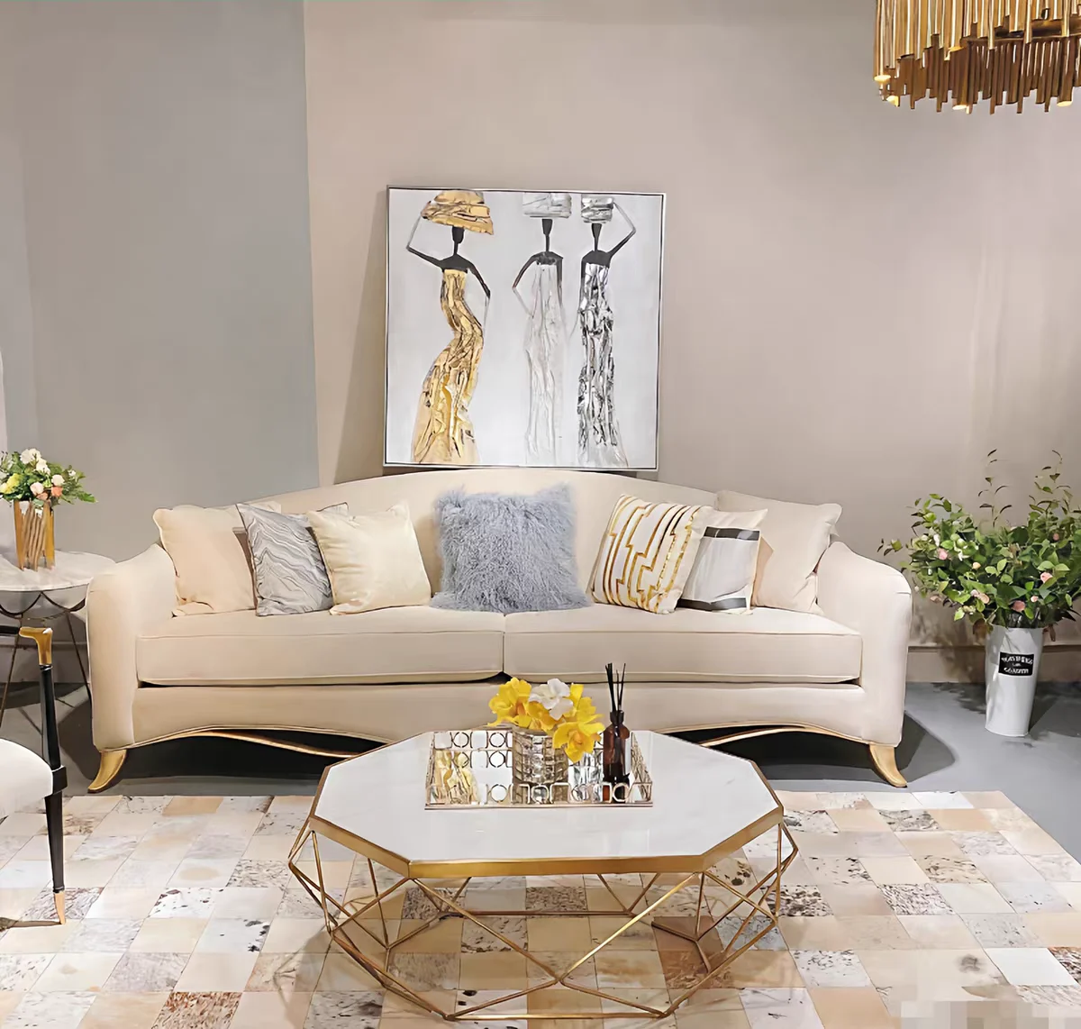 American light luxury solid wood fabric sofa French simple cream style sofa living room three-person sofa coffee table combinati