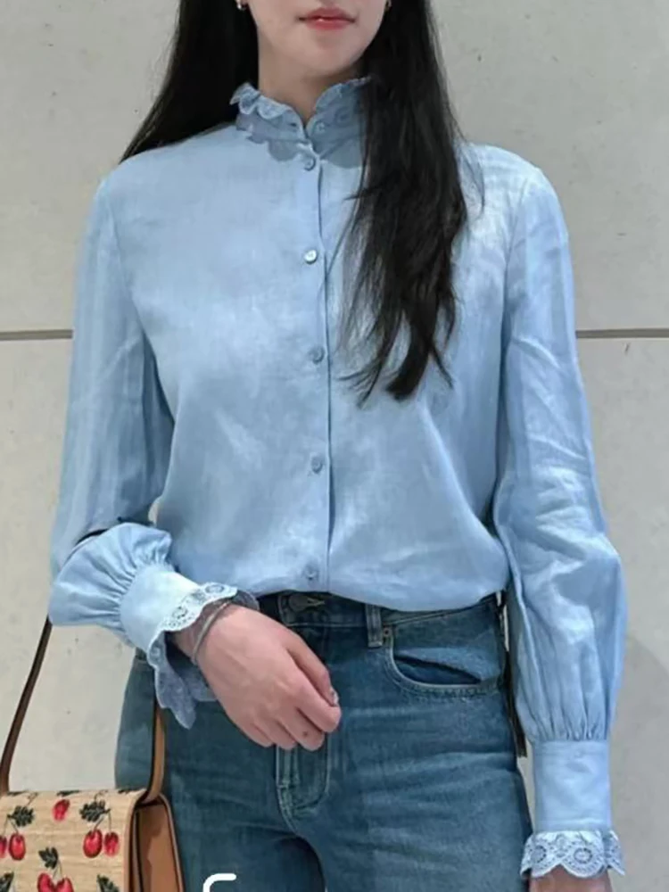 

Spring Summer Fashion Light Blue Loose Linen Blouses Women's Frill Trim Stand Collar Lantern Sleeve Casual Shirt