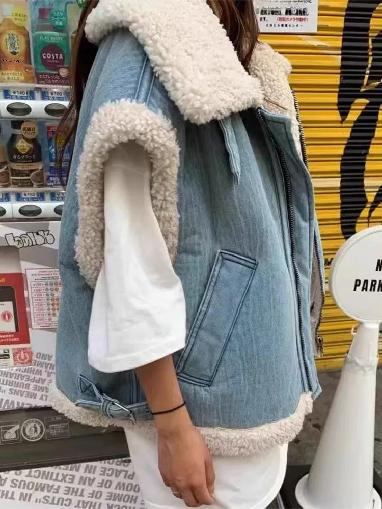 

Retro Chic Autumn Winter Loose Fit Zipper eepskin Lamb Fur Casual Vest Jaet Women's Faion Commute Sle Regular Length