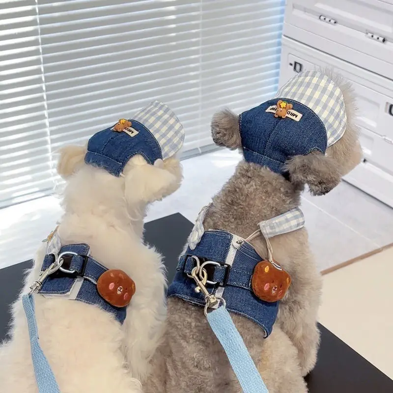 봄과 가을용 애완동물 가슴줄과 등줄, 강아지와 고양이 옷, 곰과 데님 스타일 가슴줄과 등줄, 귀여운 애완동물 짧은 스타일, 당길 수 있음