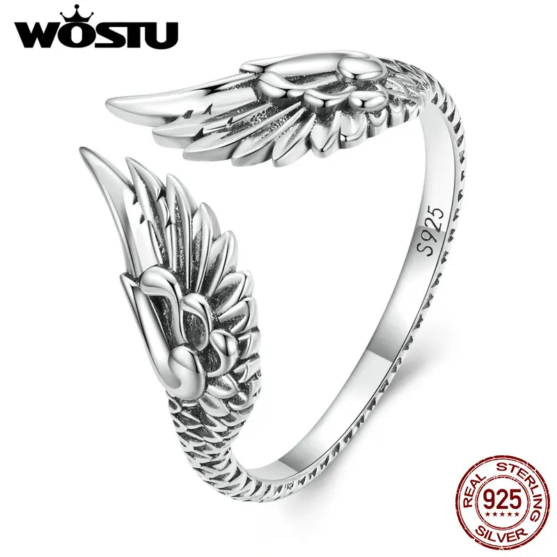 WOSTU Real 925 Sterling Silver Hip Hop Vintage Couples Creative Wings Open Rings For Women Punk Ring Party Jewelry Birthday Gift