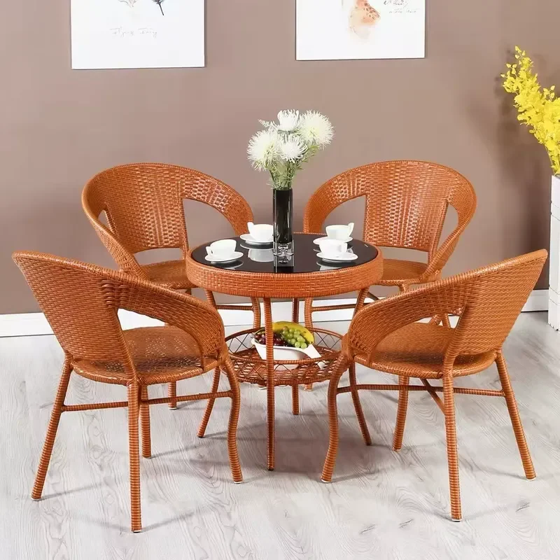 Modern Rattan Outdoor Small Round Table with Steel Frame Durable & Waterproof for Living Room and Balcony