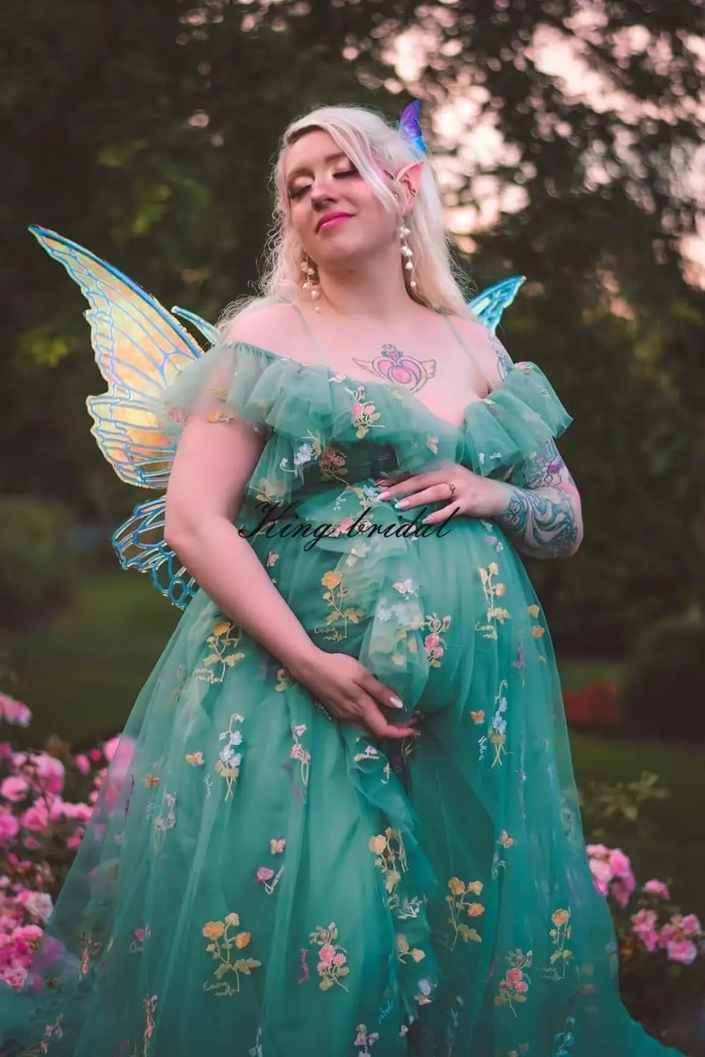 العرف المرأة زهرة التطريز تول فساتين لحضور الحفلات الموسيقية شق طويل السباغيتي الأشرطة الخامس الرقبة الجنية فستان رسمي مساء ثوب الحفلات