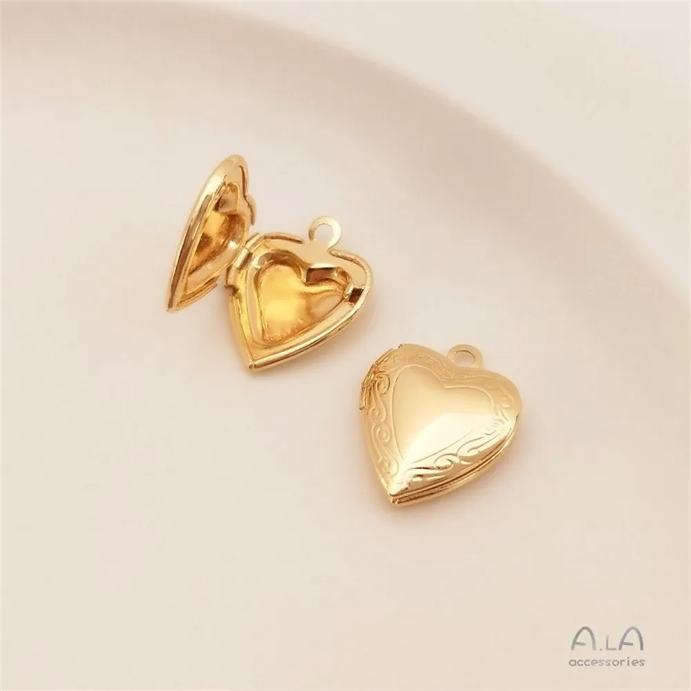14K Gold Inlaid Zircon Circular Photo Box with Peach Heart Heart Heart Photo Frame Pendant DIY Necklace Jewelry Accessories K087