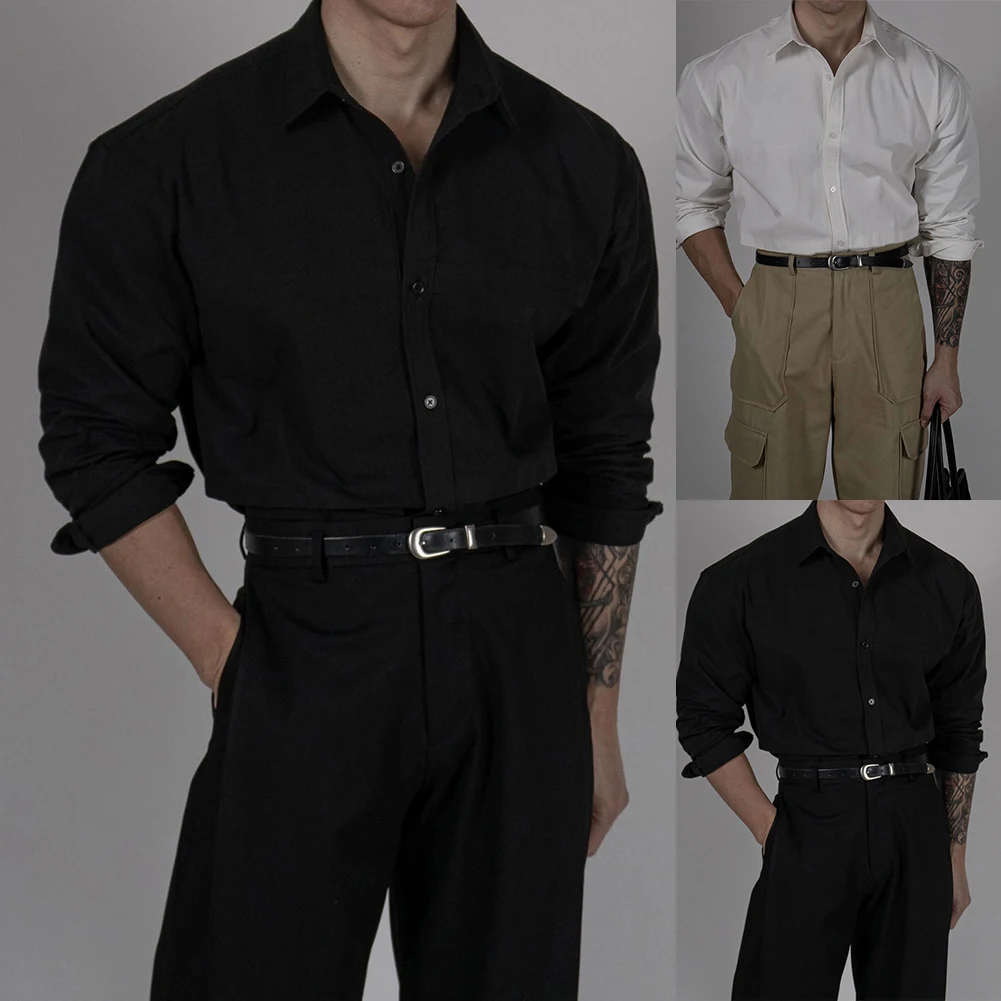 เสื้อคอปกแขนยาวผู้ชายแนวสตรีทเสื้อติดกระดุมเสื้อปาร์ตี้ Baju otot