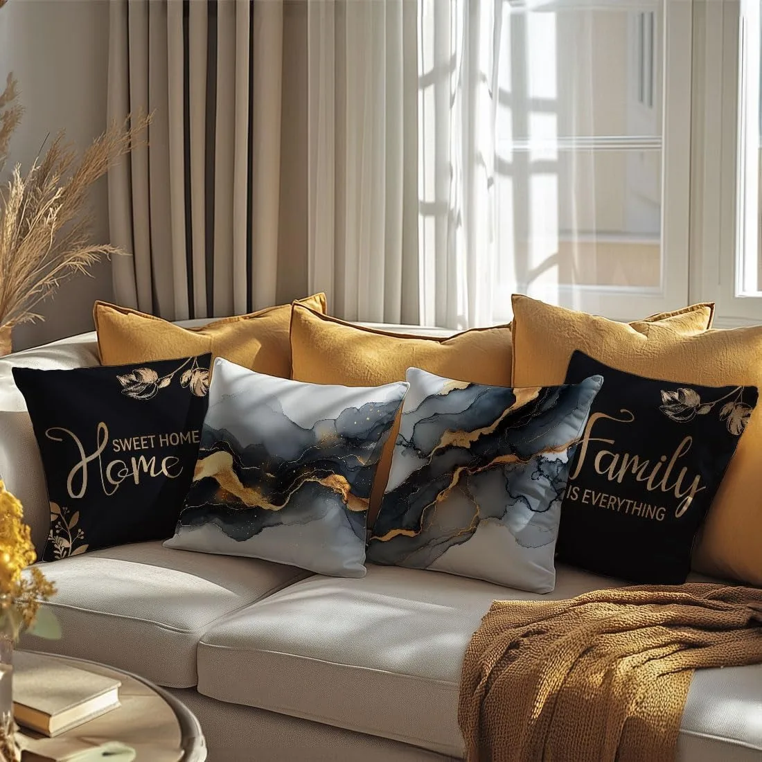 BlackGold Marble Sweet Home Throw PillowCovers,Couch Cushion Cases Inserts for Sofa Bed LivingRoom Home Decor,Single-Sided Print