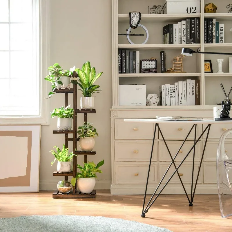 Wood Plant Stand 6 Tier 7 Potted Plant Shelf Indoor Outdoor Tall Multi-tiered Flower Pot Holder Modern Ladder Storage Rack