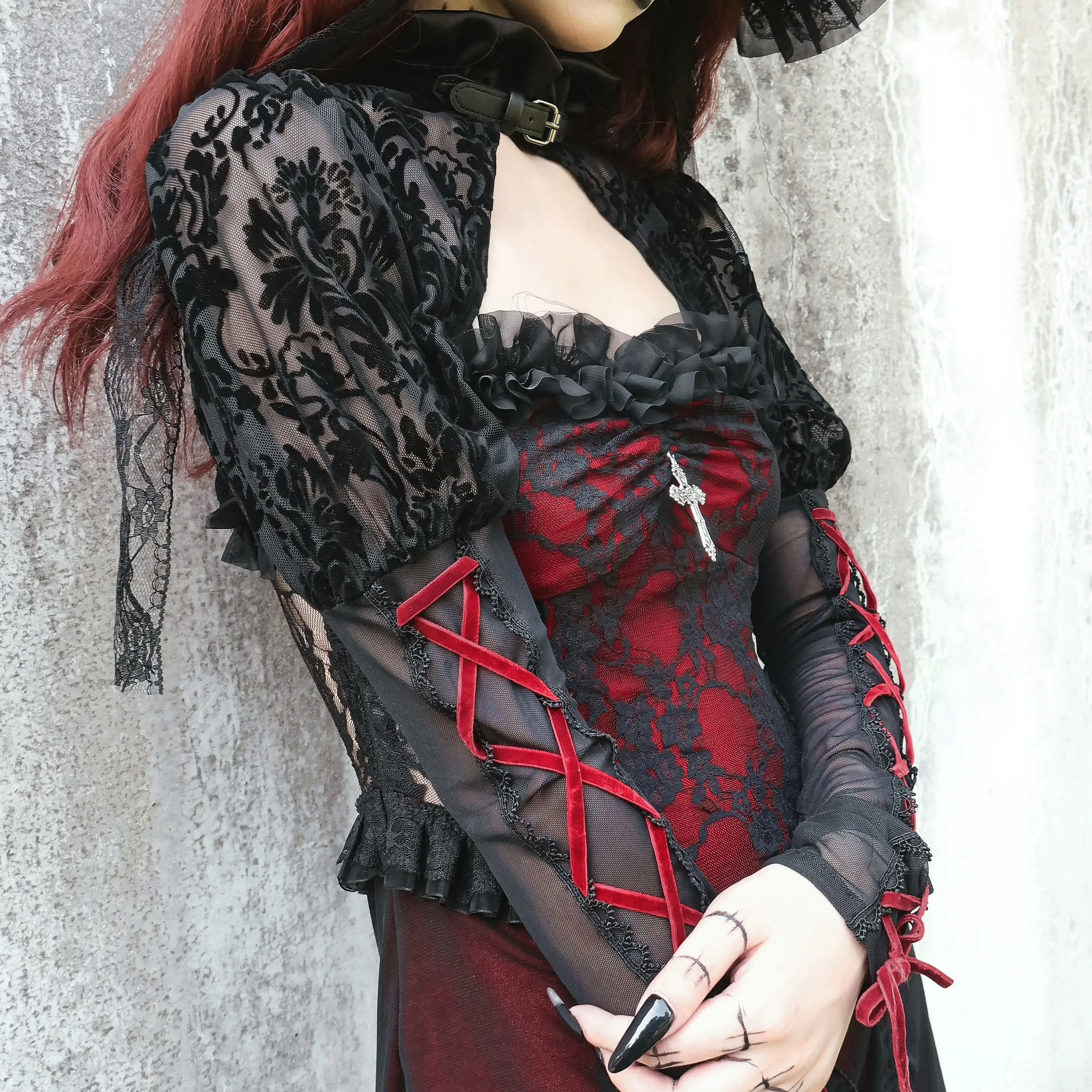 Blood Supply Original Design Gothic Vampire Black Red Fleece Translucent Long Puff Sleeve Lace-up Slim Short Jacket Summer