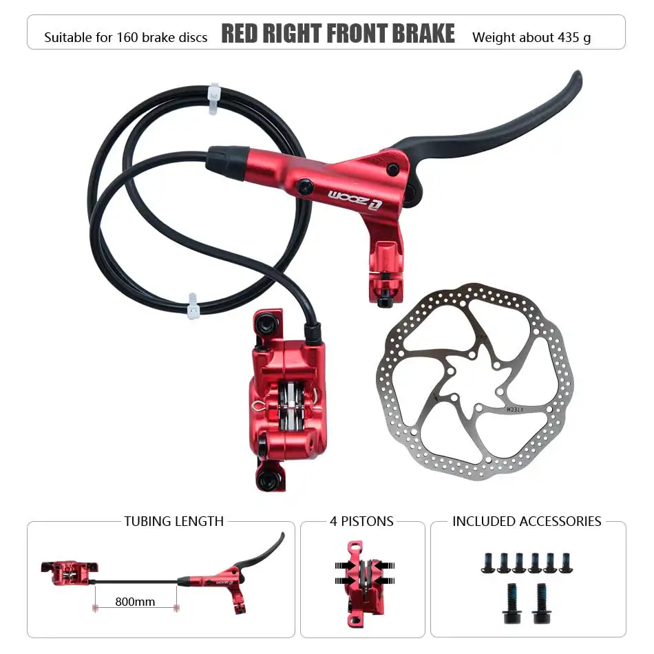 ZOOM HB-876 4-Kolben-Klapp-Mountainbike-Scheiben-Hydraulikbremsen-Set vorne 800 hinten 1400 mm MTB-Fahrradkrämpfe rot Fahrradteile