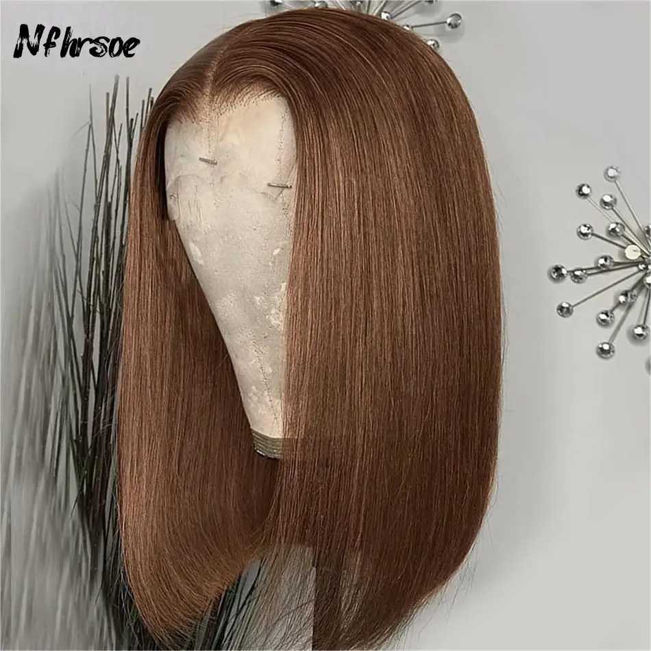 

13x4 Brazilian Colored Human Hair Wig Brown Straight Short Bob Transparent Lace Frontal Wigs High Quality For Women Pre Plucked