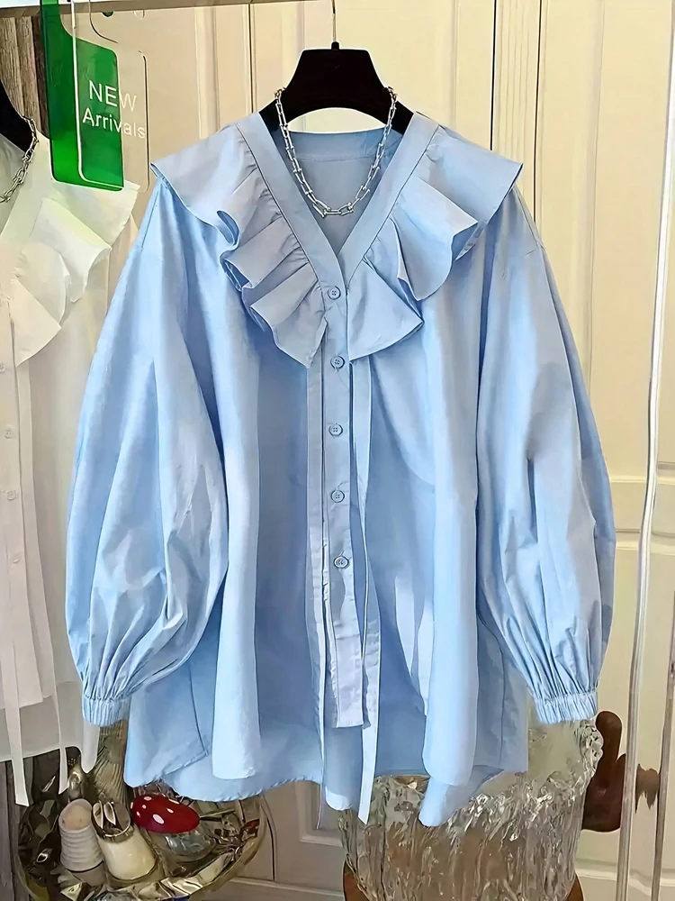 

Spring Summer New Collection Women Casual Resort Ruffled Collar Button-Down Shirt Solid Female Fashion Tops