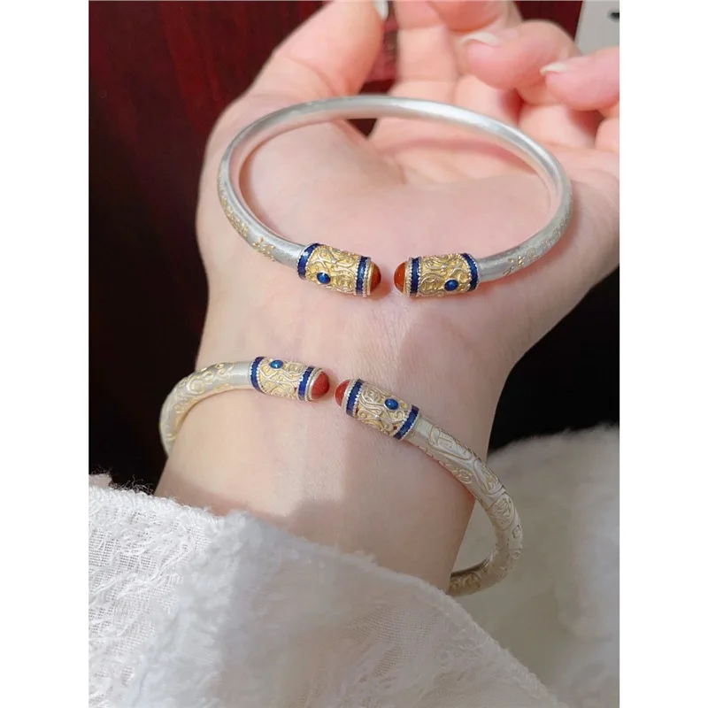 

S999 Fu Character Auspicious Bracelet Women, Solid With Gold Engraving, Silver Bangle