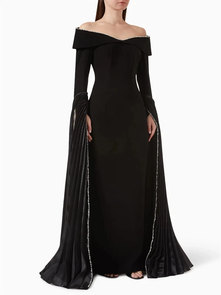 Romantic Black Satin Off-The-Shoulder Boat Neck Evening Dress Elegant Long Sleeves Back Zipper Party Gowns For Women 2024