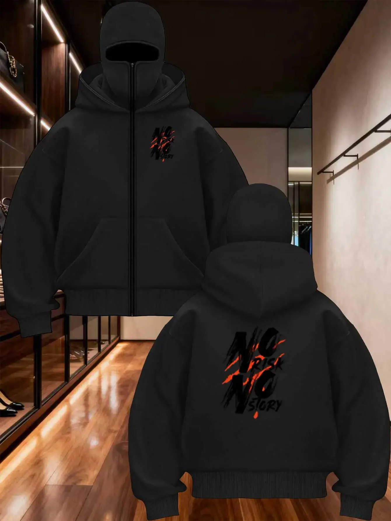 2026 Autumn Men Gothic Harajuku Winter New Item Double Hooded Printed Sweatshirt Men's Hooded Mask Zipper Sportswear