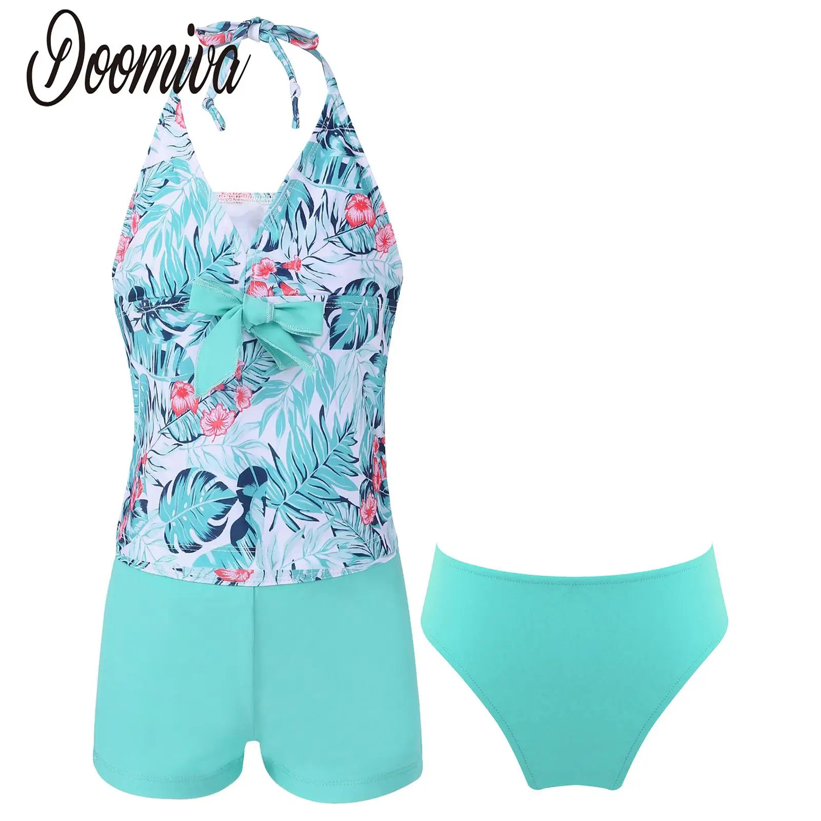 3Pcs Kids Girls Swimsuit Swimwear Outfits Swimming Clothes Children Bathing Suit Printed Padded Tops with Shorts and Briefs Set