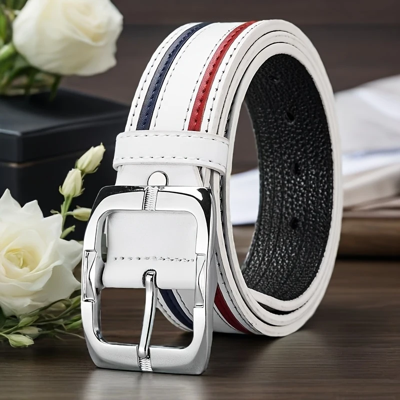 White PU Men's Belt with Red and Blue Striped Design, Adjustable Silver Slide Buckle, Perfect for Casual Jeans, Smart Casual & B