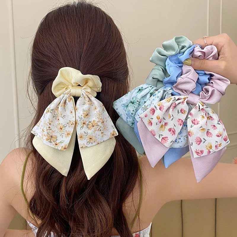 Korea Floral Bow Scrunchies For Women Satin Long Ribbon Ponytail Scarf Girls Hair Bobbles Print Elastic Hair Bands Accessories