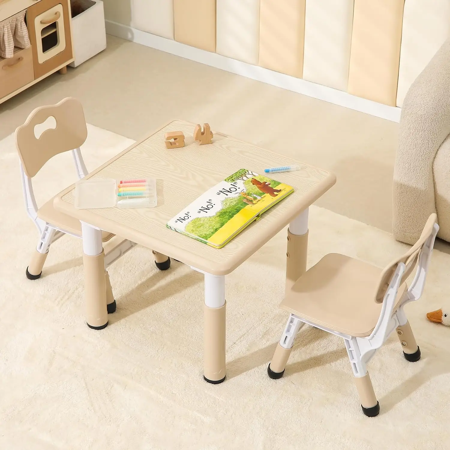 Kids Table and 2 Chairs Set, Height Adjustable Toddler Table and Chairs with Anti-Slip Foot Covers,