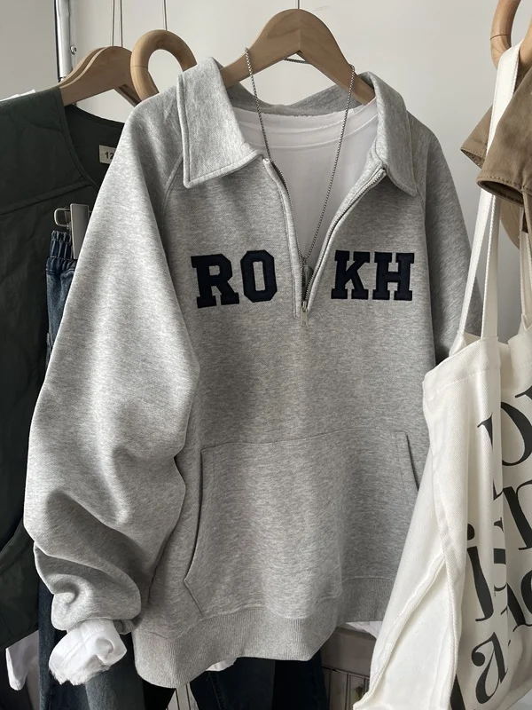 

Женская толстовка оверсайз с вышивкой, воротником на молнии и свободным кроем, в американском повседневном стиле, размер 300 Pou