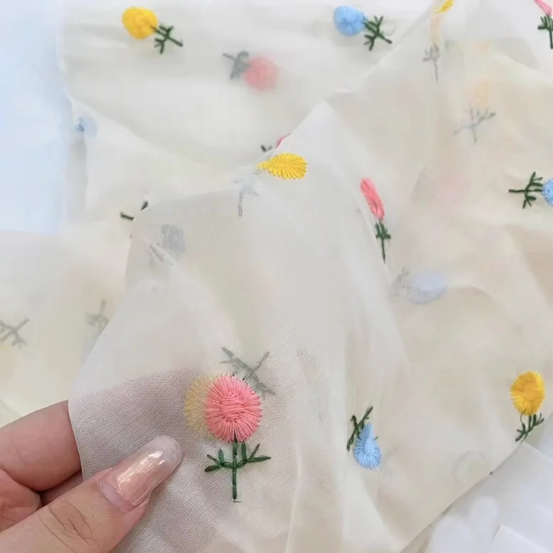 

Apricot colored organza fabric Colorful embroidery telas Wedding Dress Cheongsam DIY Clothing Accessories fabrics for sewing