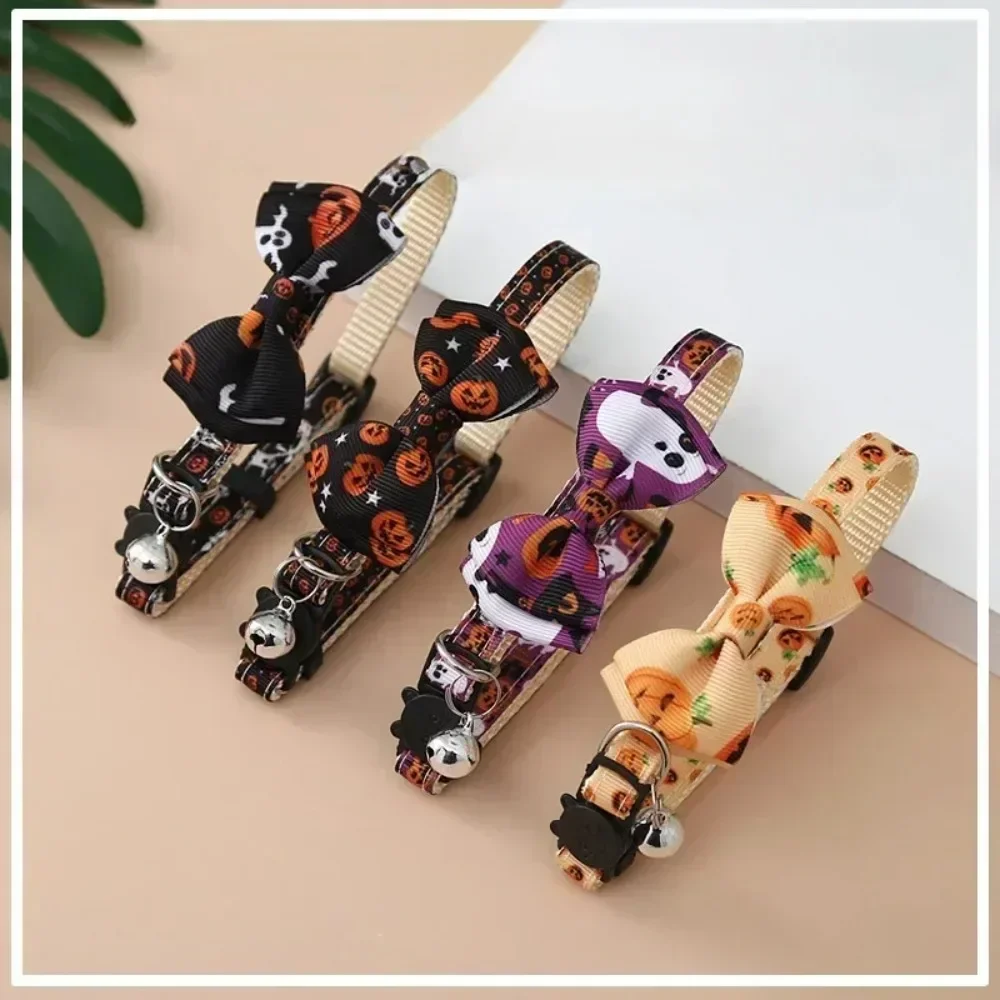 1× Halloween-Katzenhalsband mit Fliege, Glocke, Kürbis-, Totenkopf- und Geistermustern, Sicherheitsverschluss, verstellbares Katzenzubehör für Haustiere – Detail 3