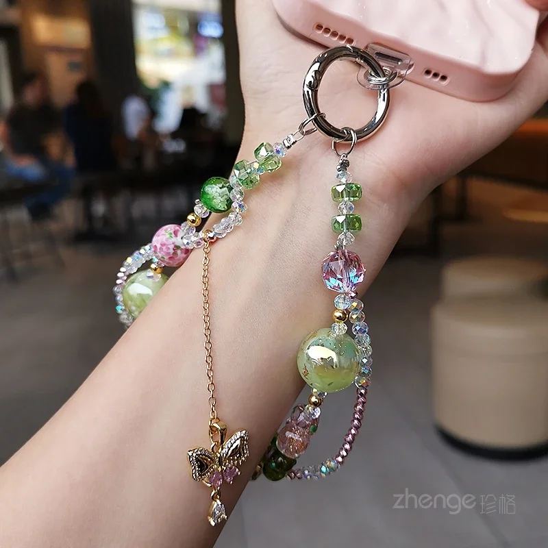 Mobile Phone Lanyard Butterfly Pendant Crystal Bracelet Short Clip-on Mobile Phone Case Universal Sling Wrist Pendant Bracelet