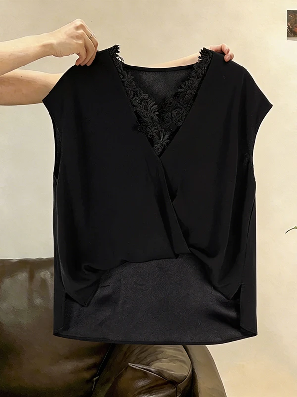 

plus Size Lace Trim Splice V Neck Shirt Women's Stylish Slimming Versatile Top Korean Style Commute Fashion Breathable Skin-F...