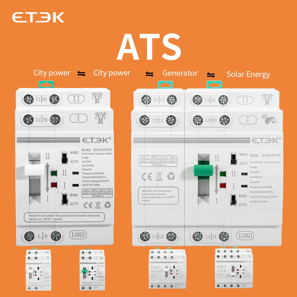 

EKEC Dual Power Automatic Transfer Switch Din Rail 2P 4P 63A 40A AC 220V Electrical Selector Switch Uninterrupted Power ATS EK4Q