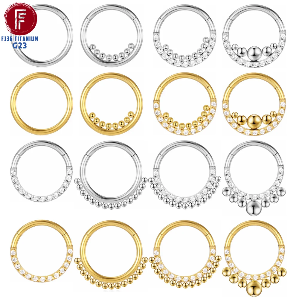 F136 Titanium Nose Piercing Hinged Bead Hoops CZ Stone Rings Clicker Ear Cartilage Tragus Helix Earrings Piercing Body Jewelry
