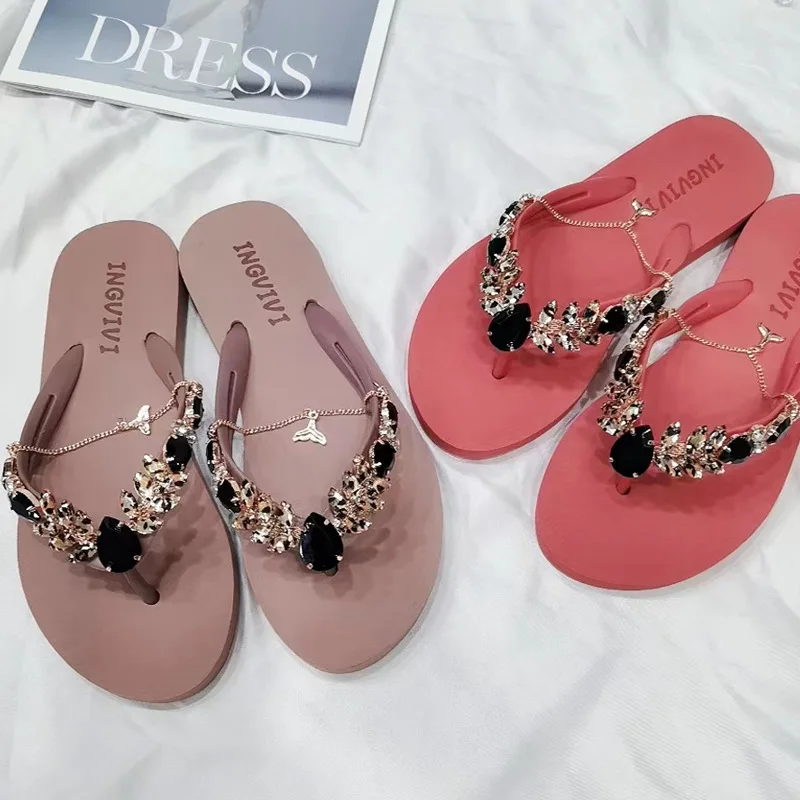 Summer Women Flip Flops Beach Vacation Luxury Slippers Rhinestone Sides Sandals Flat With Soft Casual Shoes For Female