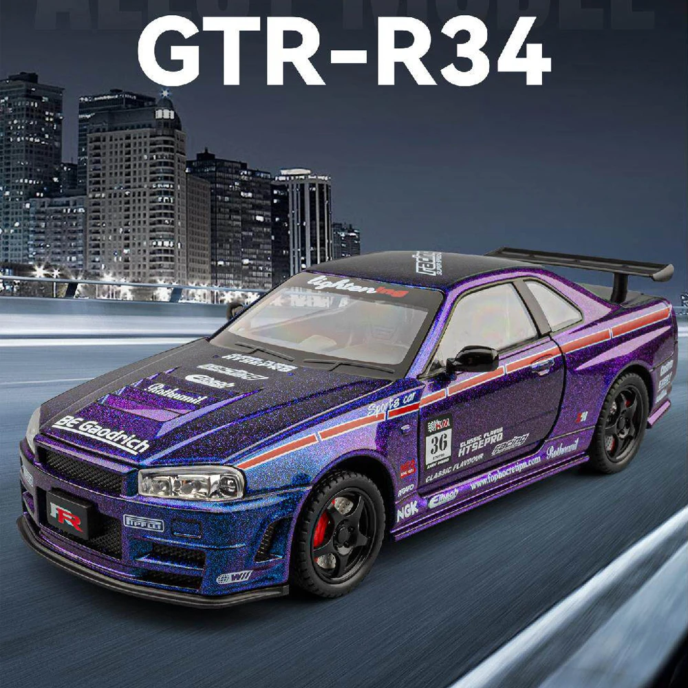 new-1-24-simulated-gtr-r34-alloy-car-model-sound-and-light-pull-back-toy-car-metal-racing-car-boys-collection-ornaments-gift