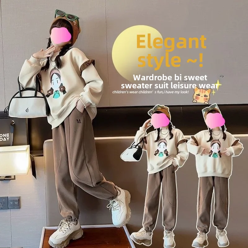 مجموعة الخريف للأطفال مبطنة بالصوف كم طويل بلوزات 2024 نمط جديد عادية رياضي 2 قطعة مجموعة للفتيات