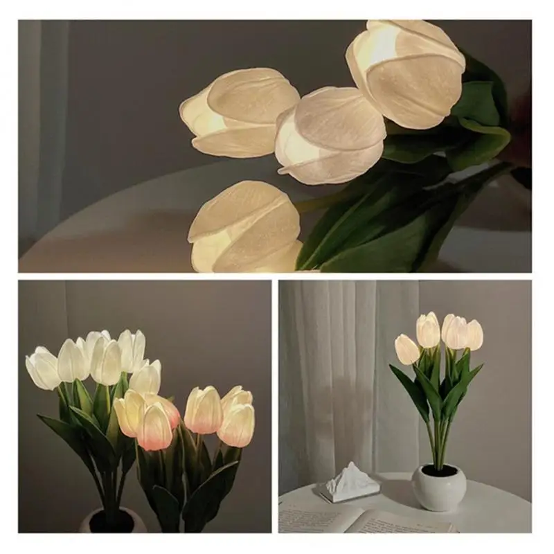 Bedside Led Night Light Hot Atmosphere Light Living Room Garden Table Lamp Home Decor Tulips Artificial Flowers Bouquet Lamp